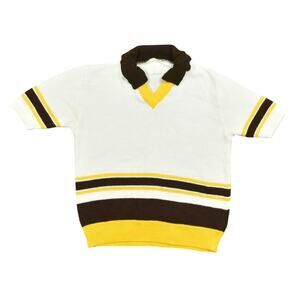 Vintage Deluxe White Acrylic Pullover Men's Sweater M 80's Rugby Short Sleeve